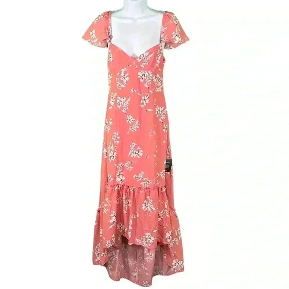 Hello to Love Pink Floral Print Lace-Up High-Low Maxi Dress Size Small - Picture 4 of 12